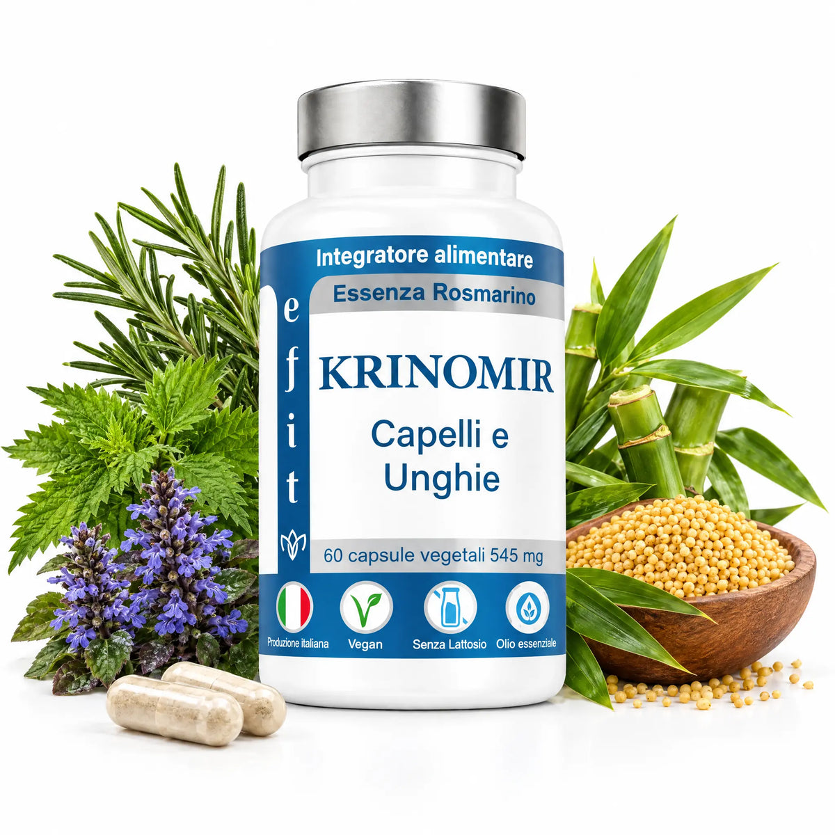 Krinomir integratore capelli e unghie con ajuga reptans, ortica, rosmarino, bambù e miglio